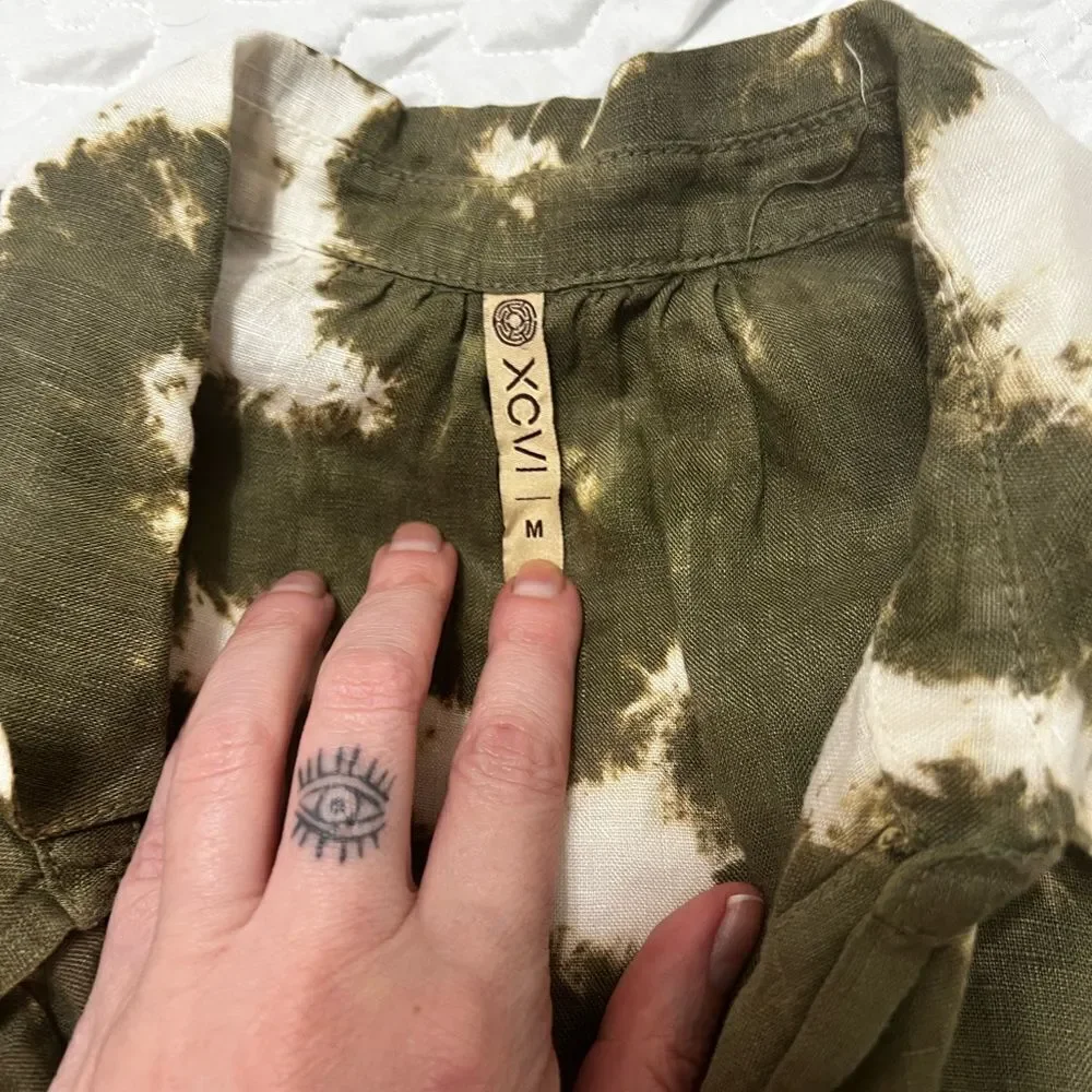Xovi Linen Shirt Green Medium Tie Dye Tunic Length Pockets Convert Sleeves - Picture 9 of 13